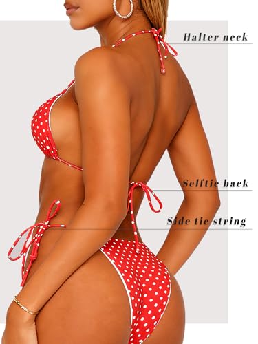 Navneet Bikini Damen Set Sexy Polka Dot Reversibel Triangel Bikinis String Neckholder Sommer Top Bikihose Bademode Rot Weiß S-4