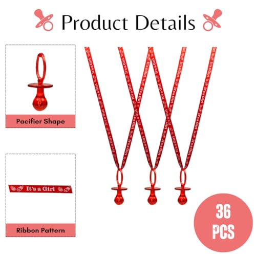 Image of 36 Pieces It's a Girl Baby Shower Pacifiers Necklace Acrylic Baby Party Favors Charm Pacifiers Necklace Baby Shower Party Decorations Table Scatter (Red)