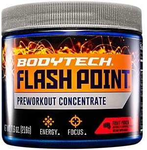 BODYTECH Flash Point Pre Workout Concentrate for Energy, Focus & Stamina, Fruit Punch (200 Grams Powder)