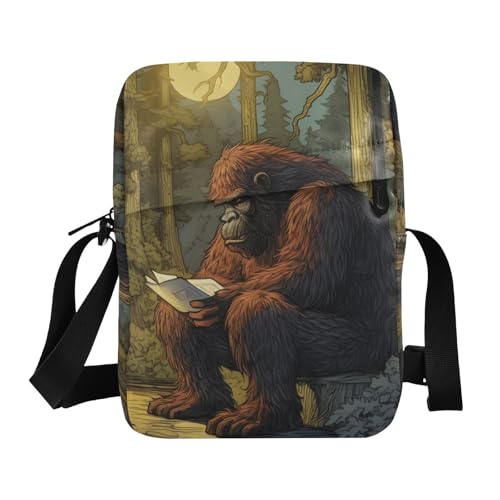 Crossbody Sling Bag for Women Men, Zipper Closure Messenger Bags Sasquatch Reading Print with Card Phone Passport Compartment 6.6×9.4×2.5 IN
