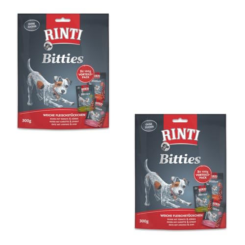 Rinti Bitties Multipack Sortenvielfalt | Doppelpack | 2 x 3 x 100 g | Softe Fleisch-Snacks für Hunde | Schonend luftgetrocknet und ohne Fleischmehle & Soja | 3 Sorten