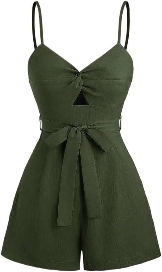 Rompers for Women Summer 2026 Spaghetti Strap Open Back Ruched Tie Front Jumpsuit