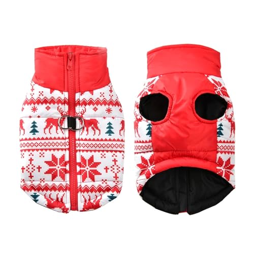 chengshao Weihnachtskostüm for Hunde, Winterfest-Party, Haustierjacke for kleine und mittelgroße, Neujahrs-Schneemann-Print-Outfits mit D-Ring(Red02,XL)