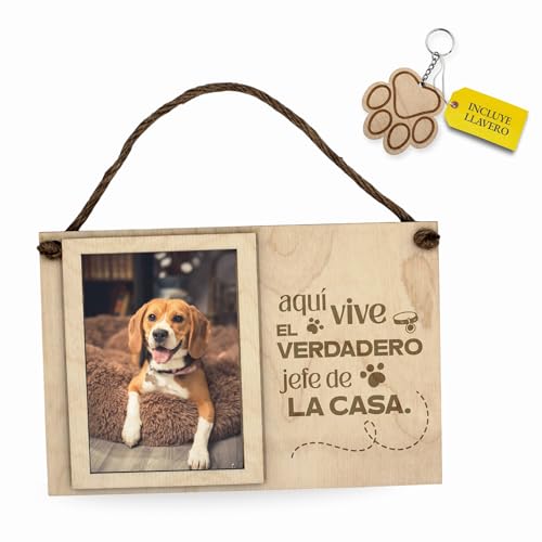 ayurvana Moldura para fotos animal de estimação personalizado em madeira - quadro com foto e porta-chaves de impressão - presente para cão, gato ou outros animais de estimação - decoração com corda de