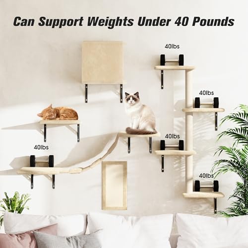 COZIWOW Wall Mounted Cat Furniture, Cat Wall Shelves and Perches, Floating Cat Shelves for Wall Set of 5(Beige) - Thumbnail 7