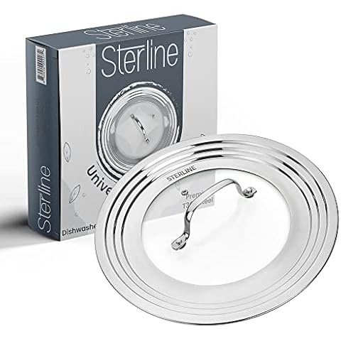 Sterline Large Universal Lid,Fits 8 -12 Inch Cookware,Tempered Glass Top with Steam Vent for Pots, Frying Pan,Stainless Steel Replacement Pot Lid for Kitchen Organizing, Space Saving Cover