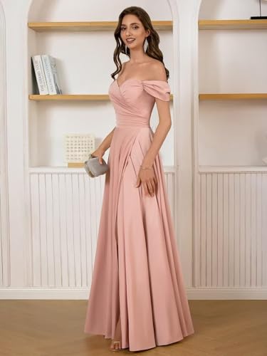 Women’s Off Shoulder Satin Bridesmaid Dress A Line Sleeveless Long Formal Party Prom Dress with Slit3