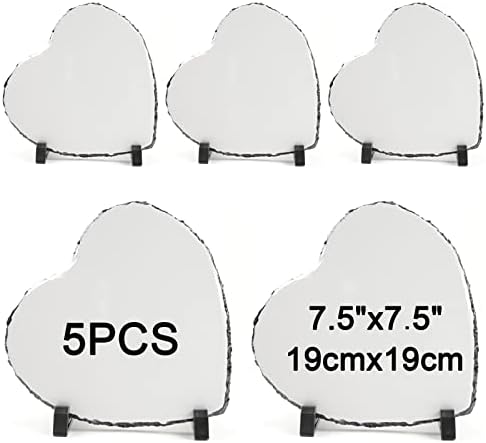 ORJ 5 Pack Sublimation Slate Blanks 7.5x7.5 Inch heart Custom Stone Slate Picture Frame Heat Transfer Rock Photo Plaque with Display Stand Decoration for Desktop Souvenir