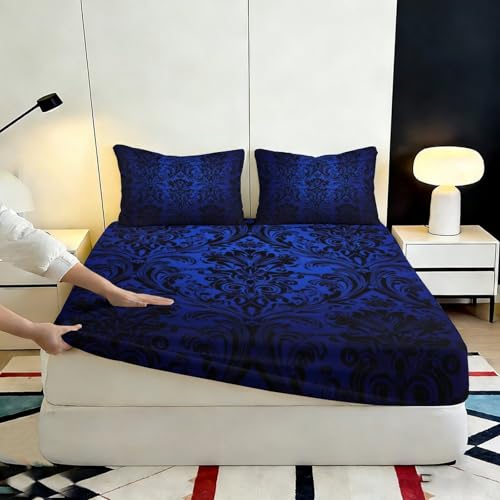 Drap housse damassé bleu royal en microfibre premium avec motif imprimé 3D