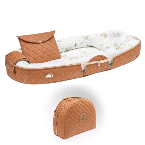 Gowoll Babynest mit Tragegriff 96 x 50 cm 100% OEKO TEX Premium für Neugeborene Babynestchen Reißverschluss Baumwolle Reisebett mit Zubehörtasche Tragbares Nestchen Baby Bett(Braun)