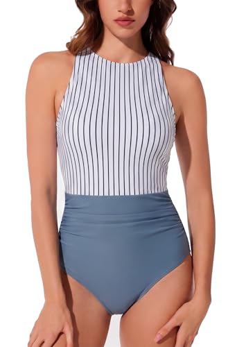 RXRXCOCO Women Tummy Control One Piece Swimsuit Bathing Suit 2026 Ruched High Neck Full Coverage Slimming Beach Swimwear Blue S — view 4