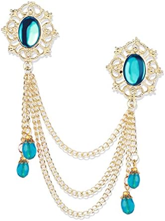 Panjatan Crownly Framed Neon Black Pearl and Hanging Crystal with Golden Chain Brass Pin Brooch for Men and Women