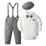 SALNIER Baby Boy Dress Suit Clothes Sets Infant Tuxedo Gentleman Suits Outfits Bowtie Shirt Suspenders Pants Beret Hat 0-24M(B-gray,18-24 Months)