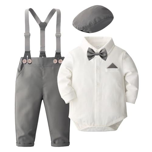 Image of SALNIER Baby Boy Suit Set Infant Formal Outfit Tuxedo | Soft Cotton Shirt Suspenders Pants Bow Tie Beret Hat 5pcs Set, For Wedding Baptism Birthday Party