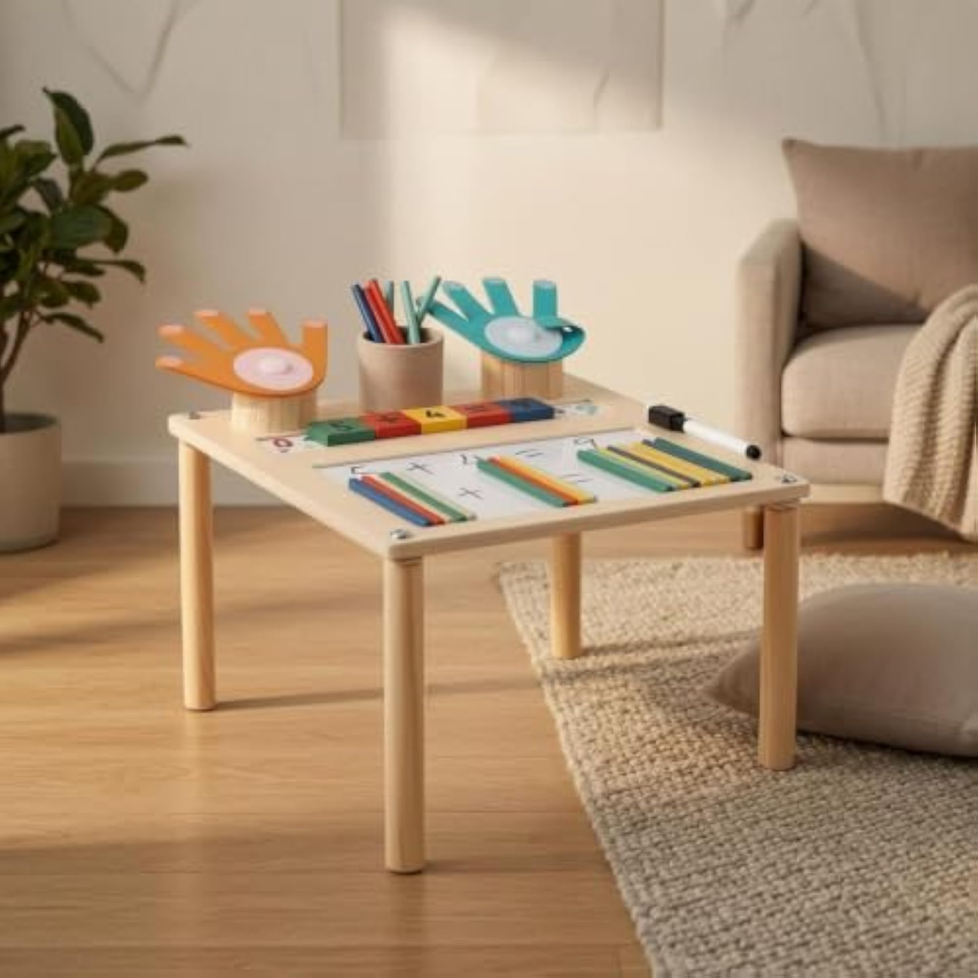 Hand-Shaped Wooden Kids Activity Table with Removable Blocks
