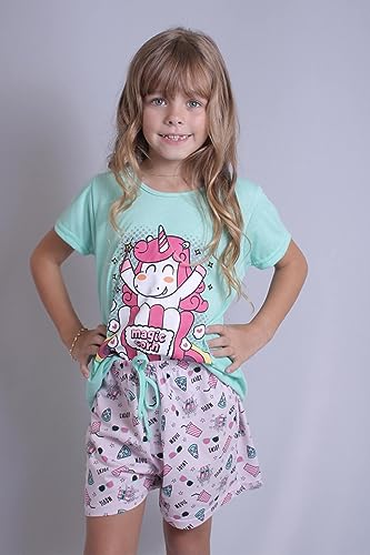 Pijama Verão Feminino Infantil Cor:Unicórnio Pipoca;Tamanho:10