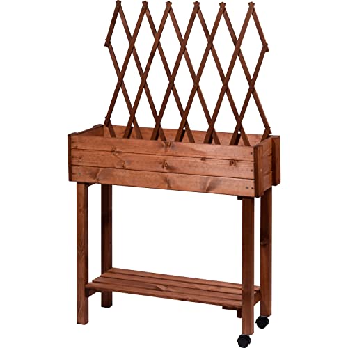 dobar® 58187e rollbares Hochbeet mit Rankgitter | Pflanzkasten auf Rollen | Blumenbeet aus Massiv-Holz | Schmales Kräuterbeet für Garten/Terrasse/Balkon | 79 x 28,5 x 130 cm | Braun