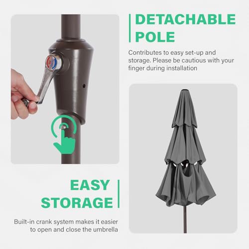 Image of JEAREY 9FT 3 Tier Patio Umbrella Outdoor Market Umbrella Table Umbrellas with 8 Ribs 1.5 Pole Push Button Tilt and Crank UV Protection for Garden,Backyard,Gray