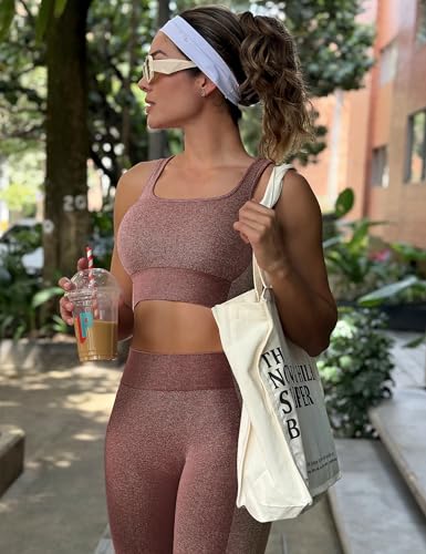 Image of OLCHEE Womens Workout Sets 2 Piece Seamless Square Neck Sports Bra Padded Butt Lifting Leggings High Waist Yoga Gym Outfits