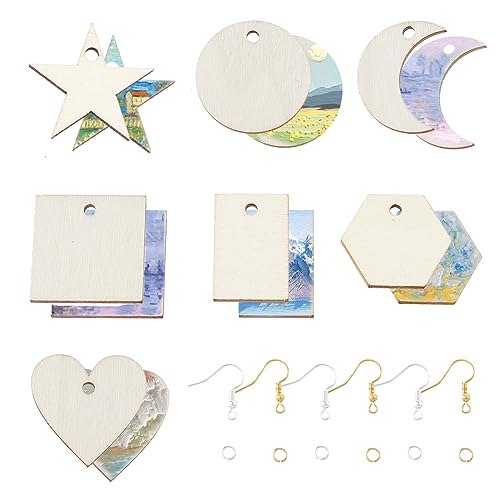 SUNNYCLUE 480Pcs Wood Charms Jump Rings Earrings Making Starter Kit Unfinished Wood Blanks Wooden Blank Charms Earring Hooks Round Pieces Square Heart Moon Star Charms for jewellery Making Kits Women