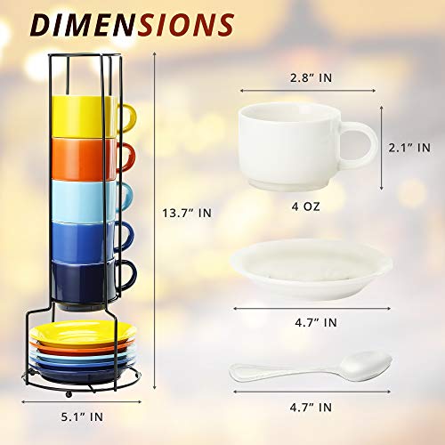 Julkya Set Of 6 Stackable 4Oz Multicolored Porcelain Espresso Cups With Saucers And Metal Stand +Bonus Stainless Steel Spoons - Lightweight Cups For Espresso, Latte, Café Macchiato, Or Tea, Demitasse #TOP1