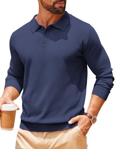 COOFANDY Mens Polo Shirts Dress Sweater Long Sleeve Stretch Knitted Polo Old Money Clothes Navy Blue
