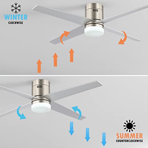 Wingbo 52" Dc Flush Mount Ceiling Fan With Light And Remote Control, 6 Speed Hugger Ceiling Fan Brushed Nickel, 4 Reversible Blades, Low Profile Ceiling Fan For Living Room Kitchen Bedroom, Etl Listed #TOP1