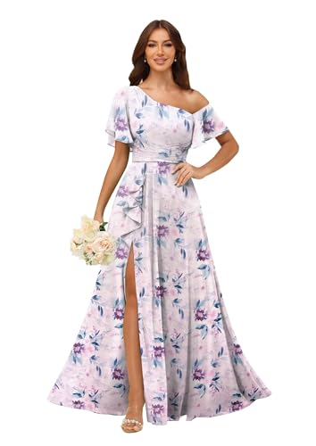 Image of One Shoulder Bridesmaid Dresses for Women with Pockets Short Sleeve Ruffled Chiffon Formal Evening Gowns