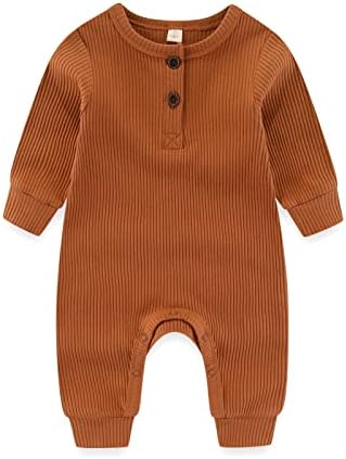 Newborn Baby Boys Girls One Piece Romper With Mitten Cuffs 3 Pack Long Sleeve Ribbed Button Jumpsuit Outfit Clothes blue+green+tan 6 months - 2