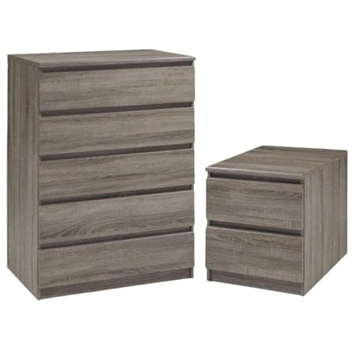 Tvilum Scottsdale 2 Piece Set Modern 5 Drawer Chest and Nightstand in Truffle