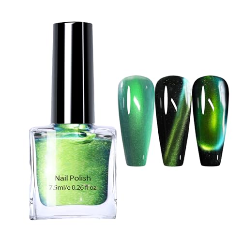 Holographic Nail Polish - Chameleon Cat Eye Nail Polish - Shiny Yellow Green Nail Varnish - Reflective Magnetic Nail Varnish Gel - Easy Apply Oil Based Nail Art Polish For Women - No Need UV Light