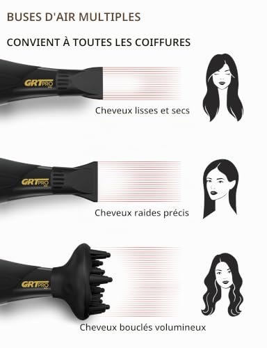 Sèche Cheveux Professionnel 2400W, Sèche-Cheveux Ionique avec Diffuseur, Puissant AC Moteur 3 Niveaux de Température 2 Vitesses (2.0 noir) – vue 7