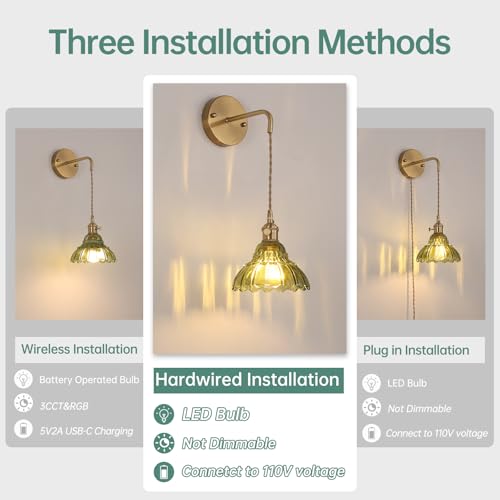 Image of Shenmoyl Vintage Wall Sconce with Green Lily of the Valley Shade Pattern Glass Adjustable Chain Retro Gold Wall Mounted Light, Modern Wall Lamp Fixtures Decor for Bedside Bedroom Indoor Doorway