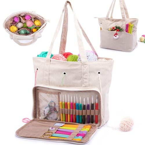 MYBAGZING Grande Bolsa De Crochê E Sacola - Bolsa De Fios De Veludo Cotelê - Suporte De Fios Para Crochê - Bolsa De Armazenamento De Crochê Para Agulhas De Crochê, Acessórios De Crochê, Bolsa De Tri