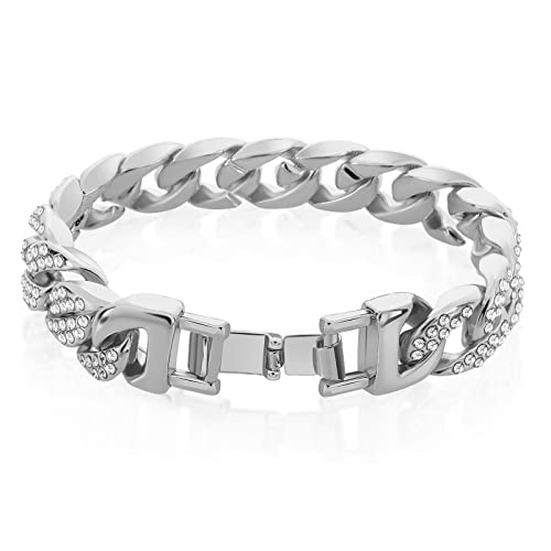 Yolev Womens Cuban Link Bracelet Hip Hop Bracelet Gold Chain Bracelet Iced Out Curb Cuban 18K Gold/Silver Link Chain Rhinestone Inlaid Bracelet For Men #TOP26