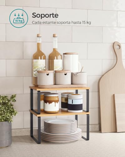 Miniatura 4 de Songmics Estante Para Especias, Juego De 2, Organizador De Armario, Estante De Almacenamiento De Cocina Extensible, Especiero De Metal Y Madera De Ingeniería, Negro Tinta Y Beige Natural Kcs02nb