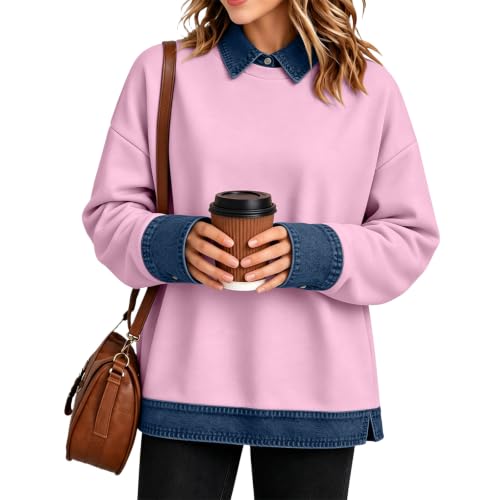 Womens Polo Shirts Button Denim Patchwork Lapel Collar Long Sleeve Tops - image 2