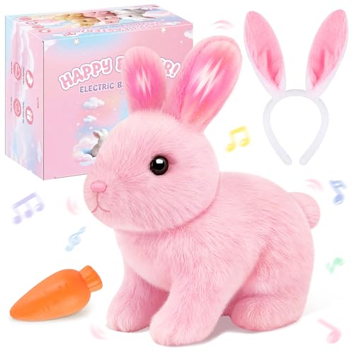 LAITYUM Realistic Bunny for Kids - Interactive Hopping Bunny Toy Set with Bunny Ears, Electric Lifelike Robot Rabbit that Move, Walking Barking and Wagging Tail Bunby Stuffed Animal with Sounds, Pink