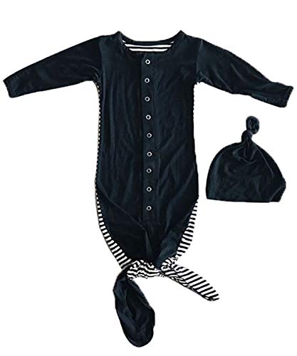 Newborn Infant Baby Girl Boy Floral Striped Knotted Gown Headband Sleepwear Sleeper Romper Sleeping Bags (Black Stripe, 0-6Months)