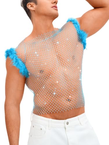 ChiaoLezhee Mens Sparkly Mesh Sequin Tank Fishnet Rhinestone Top Concert Rave Outfit, Sexy Feather Trim Glitter Sheer Sleeveless Shirt, Club Festival Clothing,Blue,One Size