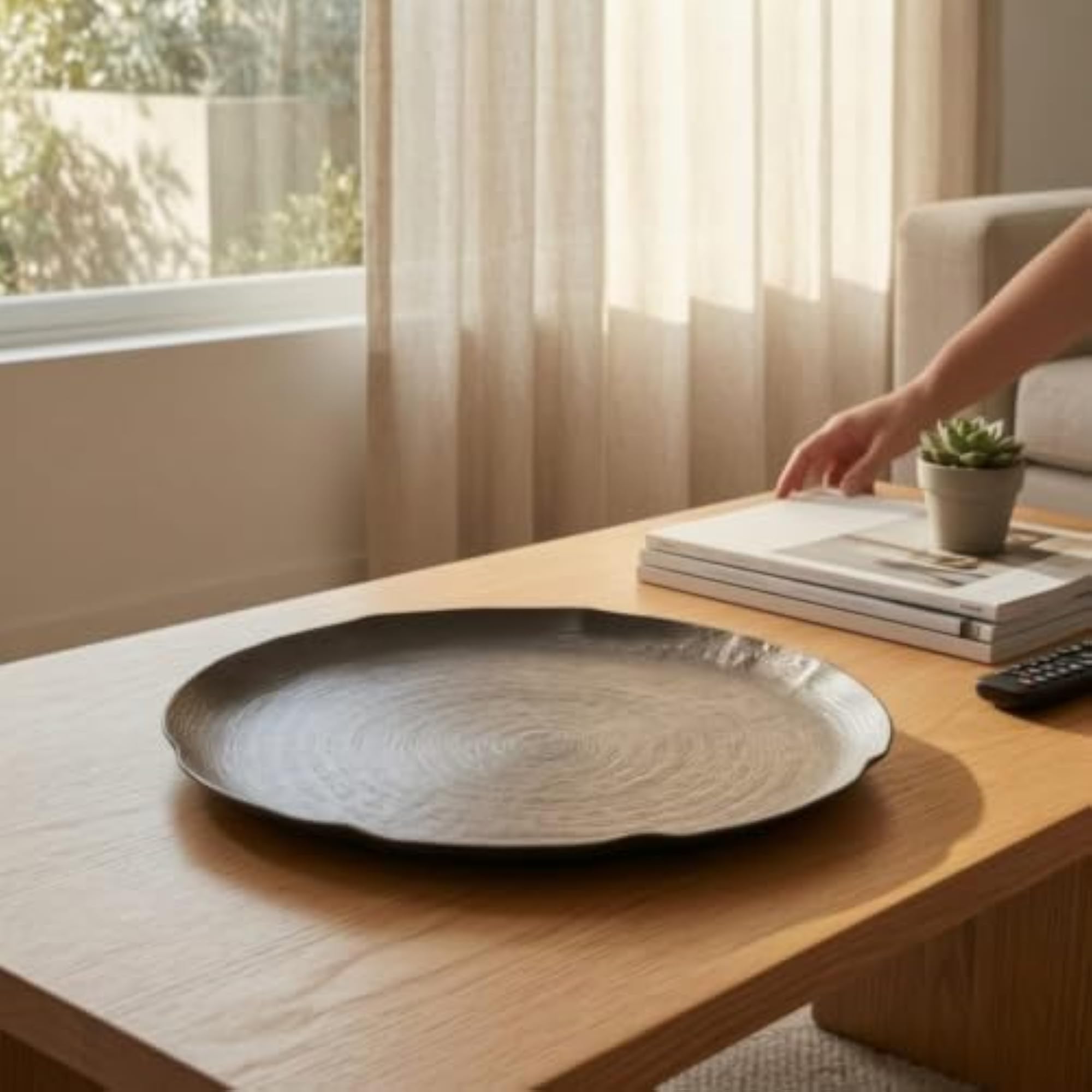 Ribbed Aluminum Decorative Tray for Console Table
