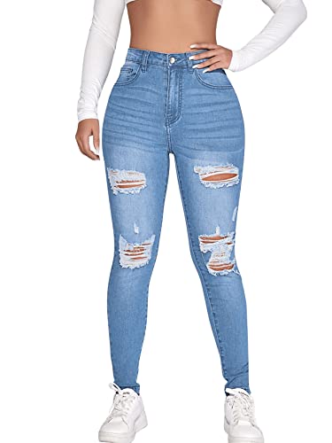 SweatyRocks Women's Casual High Rise Ripped Jeans Zipper Fly Skinny Denim Pants