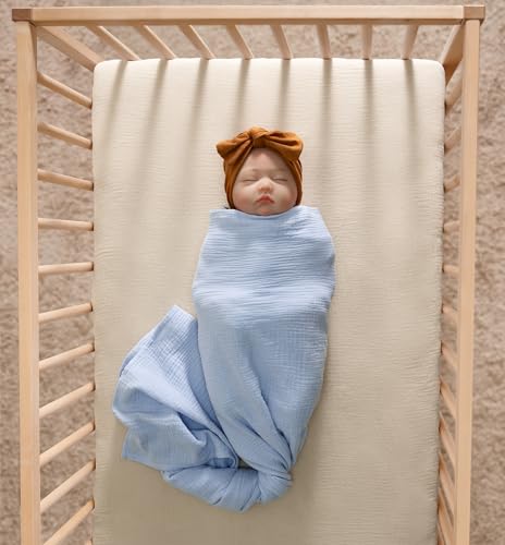 Image of Meracorallo Muslin Pack and Play Fitted Sheet, 100% Cotton, Beige | Soft Breathable Mini Crib Sheet, Pack N Play Sheet, 38x26 In, Playard Mattress Sheet for Baby Boys and Girls