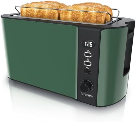Arendo - Edelstahl Toaster Langschlitz 4 Scheiben - Defrost Funktion - wärmeisolierendes Gehäuse - mit integrierten Brötchenaufsatz - 1500W - Krümelschublade - Display mit Restzeit