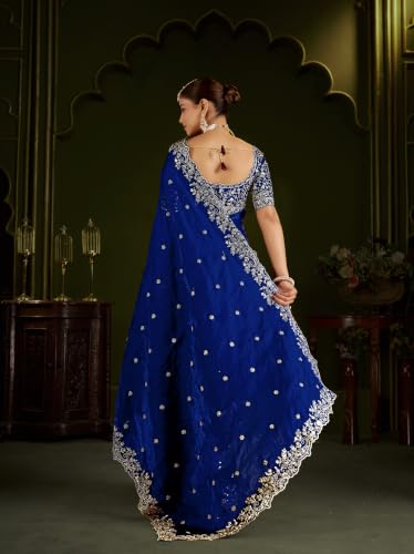 Image of DESTY Saree with Intricate Gold Embroidered Border & Designer Blouse