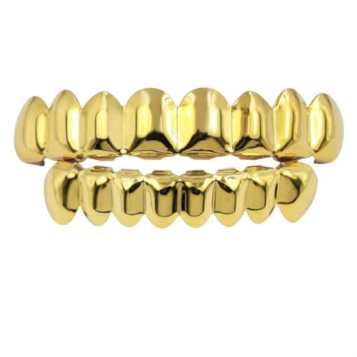 ASLLRISONY Women and Men Gold-Plated Brass Hip Hop Dental Removable Grillz, Halloween Costume Accessory Cosplay, 8 Top and Bottom Set Teeth Grillz with Extra Molding Bars