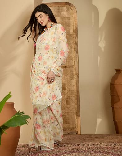 Image of SIRIL Women's Georgette Floral Printed Saree with Unstitched Blouse Piece