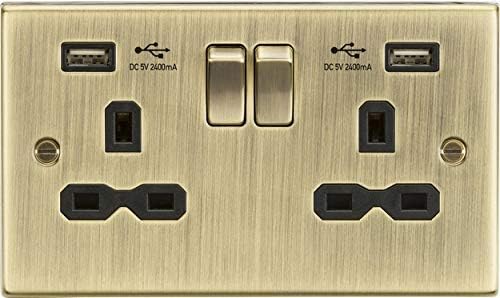 Knightsbridge CS9224 CS9224AB 13A 2G Switched Socket with Dual USB Charger A + A (2.4A) -Antique Brass with Black Insert, 230 V