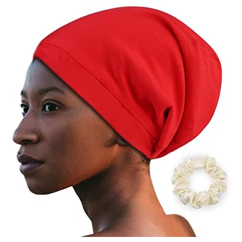 ALASKA BEAR - Natural Silk Lined Sleep Cap Hair Bonnet Slouchy Beanie Head Wrap Scarf Hat for Curly Dry Hair/Medium Length/Semi Thick Hair, Versatile & Adjustable, Unisex(Red) Cover