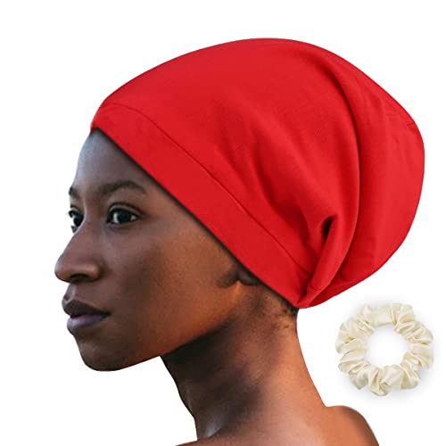 ALASKA BEAR - Natural Silk Lined Sleep Cap Hair Bonnet Slouchy Beanie Head Wrap Scarf Hat for Curly Dry Hair/Medium Length/Semi Thick Hair, Versatile & Adjustable, Unisex(Red)